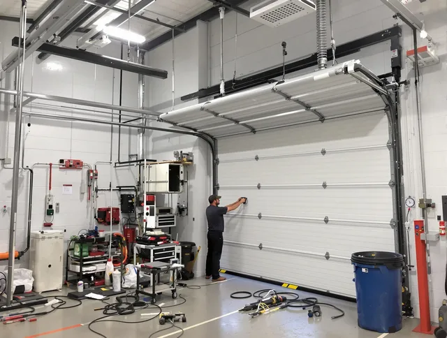 Colchester Garage Door Repair certified technician performing commercial door repair at a Colchester business facility