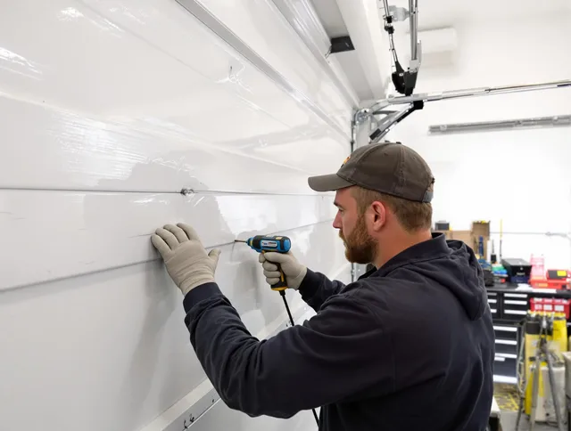 Colchester Garage Door Repair technician demonstrating precision dent removal techniques on a Colchester garage door