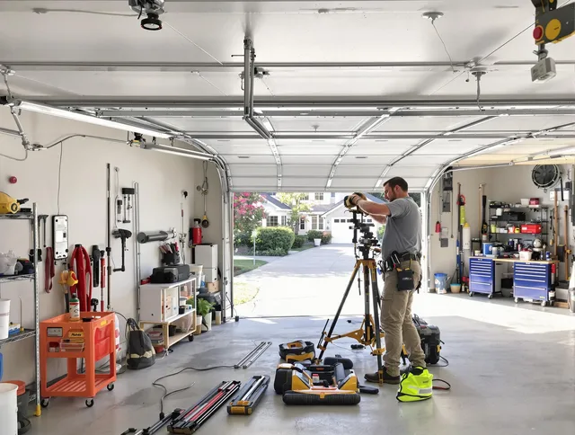 Colchester Garage Door Repair specialist performing laser-guided track alignment in Colchester